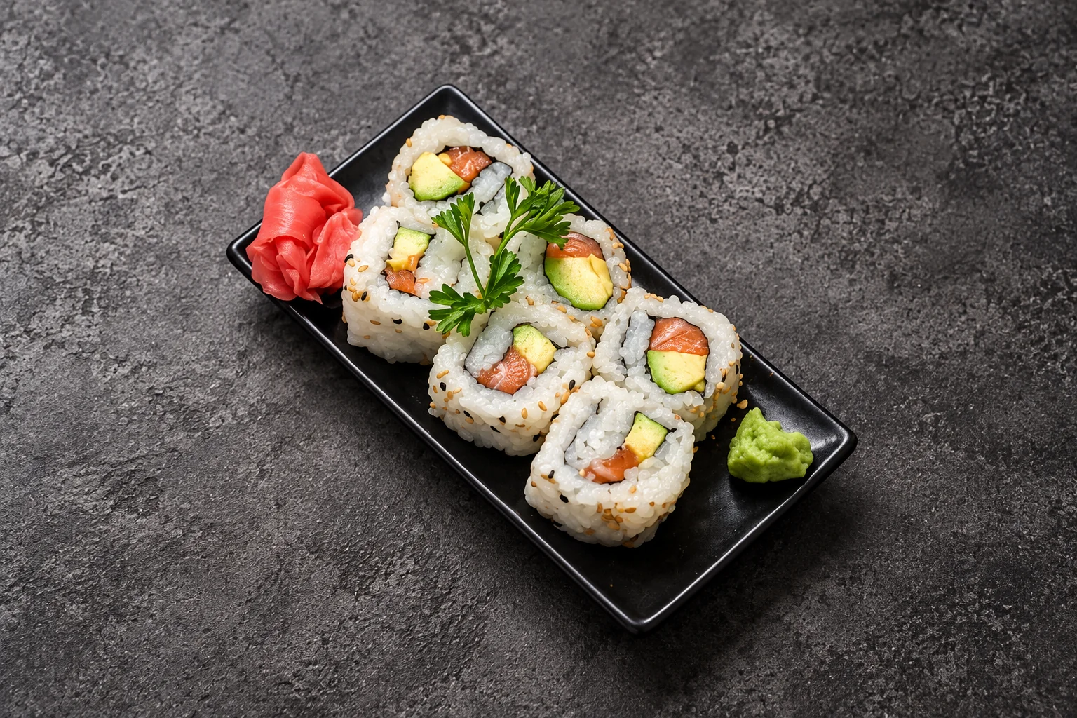 California saumon avocat sur assiette noire rectangulaire, gingembre et wasabi, fond de béton sombre.